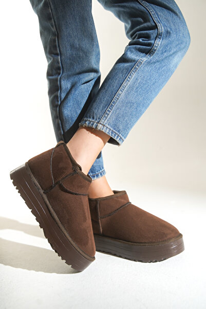 HVZ Exclusive Kahverengi Kadın Kalın Taban İçi Kürklü Yarım Bot Tefis Kahve Süet