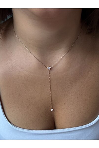 DGK COLLECTİON 14k gold renk Yıldız taşlı Y form dekolte kolyesi hipoalerjenik premium seri