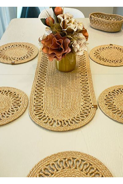 sfb Hand Knitted Jute Runner Table Cloth with Plate Mat Decorative Unit Coffee Table Cloth Set