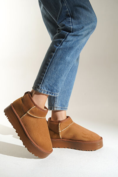 HVZ Exclusive Taba Kadın Tüylü Bot Kışlık Yumuşak Rahat Slip On Yarım Bot