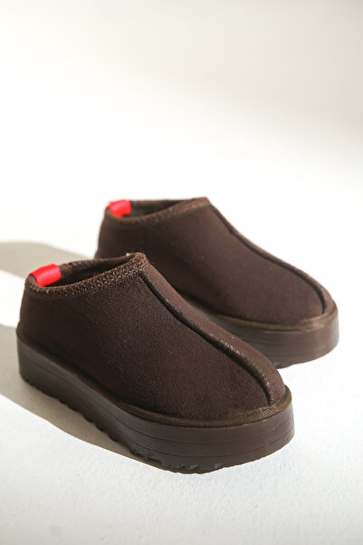 HVZ Exclusive Brown Suede Women's Thick Sole Fur Lined Ankle Boots Tefis Belis Slippers