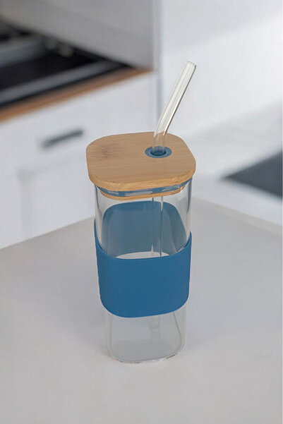 Panhera Bambu Kapaklı Kare Cam Pipetli Kupa 400 ml | Mavi