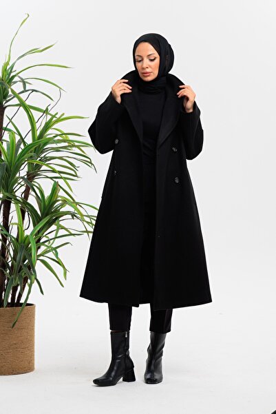 Eliva Women's Black Stylish Elegant Thick Imported Cashmere Trench Coat Top Coat Double-Breasted Overcoat Hijab Coat