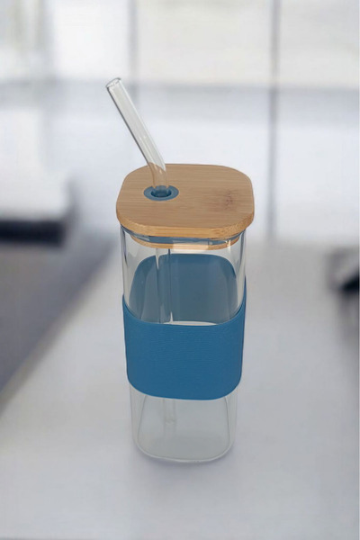 Panhera Bambu Kapaklı Kare Cam Pipetli Kupa 400 ml | Mavi