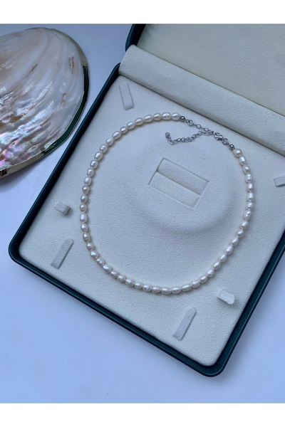 JOVİ ATELİER 925 Ayar Gümüş Doğal Orta Boy Arpa Inci Kolye -40cm 7cm Uzatma Z...