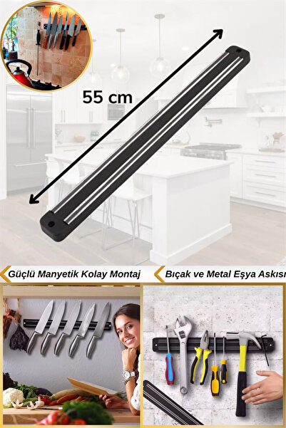 Hane Dostu 55 Cm Duvara Kolay Monte Paslanmaz Mıknatıslı Manyetik Bıçak Askısı