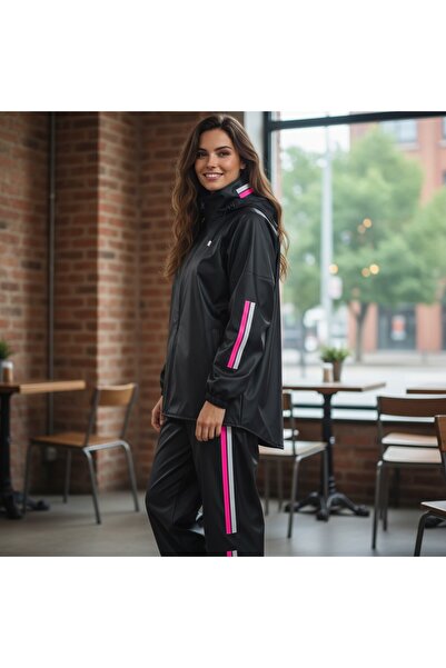 thfabric Kadınlara Özel Pembe Şeritli ve Reflektörlü %100 Su Geçirmez Motorcu Yağmurluğu Alt Üst Takım
