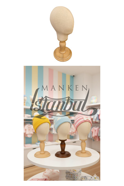 Manken İstanbul Ahşap Standlı Bebek Kafa Mankeni Bebek Şapka Mankeni Bebek Be...