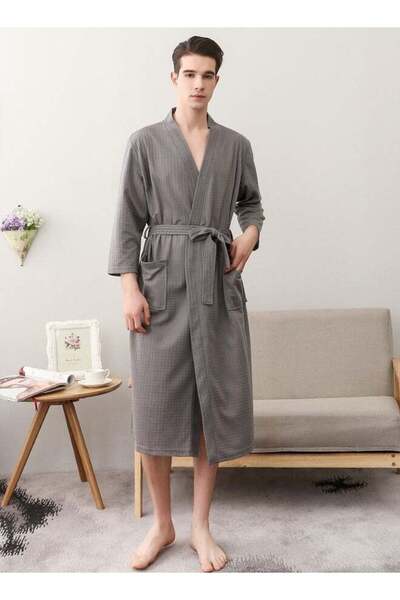 Bukela Men Waffle Robes Lightweight Knit Bathrobe Sleepwear Kimono Robe Wrap Loungewear with Pocket,