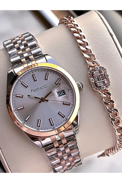 Ferrucci Rlx Vintage Retro Model Takvimli Renk Atmaz Kordon 30 Mt Suya Dayanıklı Kadın Kol Saati