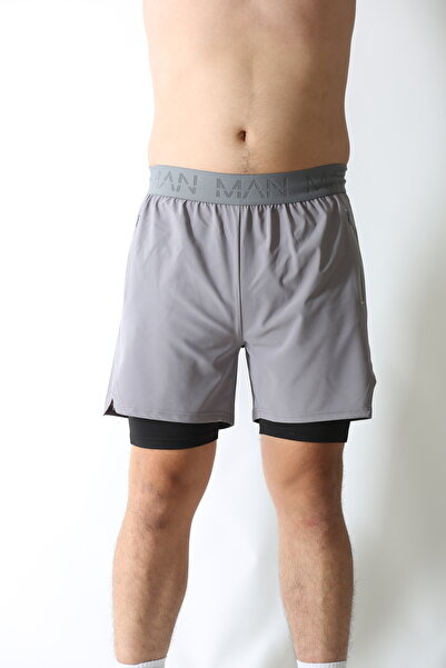 Man Of Man Gri Unisex Gym Ve Fitness Fitness Astarlı Taytlı Şort