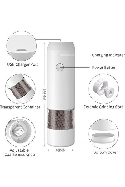 fulina Electric Salt and Pepper Grinder,with 6 Positions,USB Rechargable,Adjustable Coarseness,White