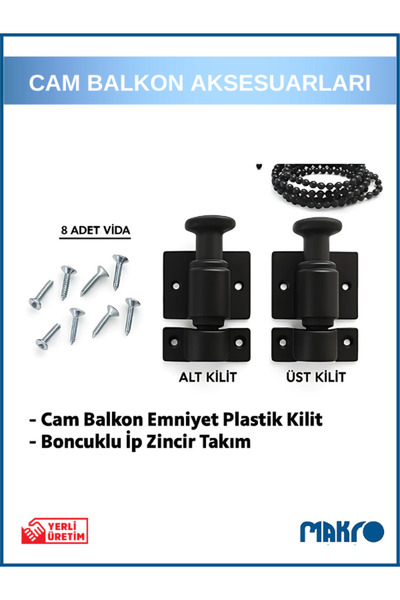 GLASSMAKRO Cam Balkon Kilidi | Emniyet Plastik Kilit | Boncuklu Ip Zincir Takım Seti