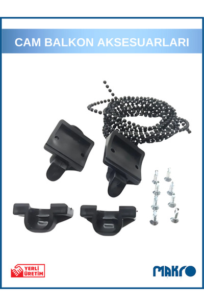 GLASSMAKRO Cam Balkon Kilidi | Emniyet Plastik Kilit | Boncuklu Ip Zincir Takım Seti