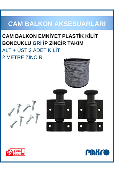 GLASSMAKRO Cam Balkon Kilidi | Emniyet Plastik Kilit | Boncuklu Gri Ip Zincir...