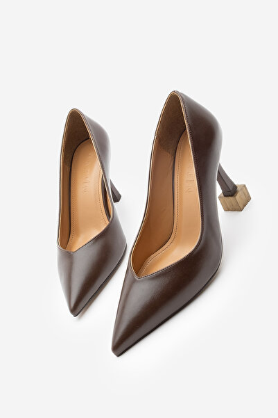 Marjin Women's Stiletto Pointed Toe Wood Pattern Heeled Shoes Arset Brown