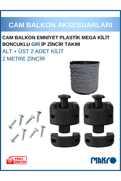 GLASSMAKRO Cam Balkon Kilidi | Emniyet Plastik Mega Kilit | Boncuklu Gri Ip Zincir Takım Seti