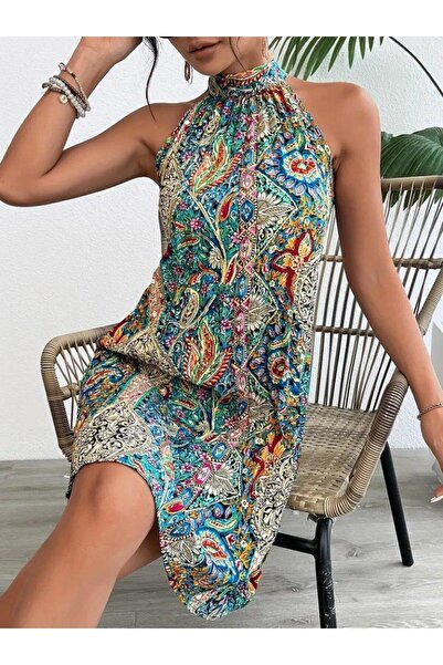 Moda Loris Women's Patterned Sleeveless Halter Neck Midi Single Jersey Dress