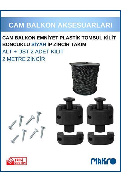 GLASSMAKRO Cam Balkon Kilidi | Emniyet Plastik Tombul Kilit | Boncuklu Siyah Ip Zincir Takım Seti