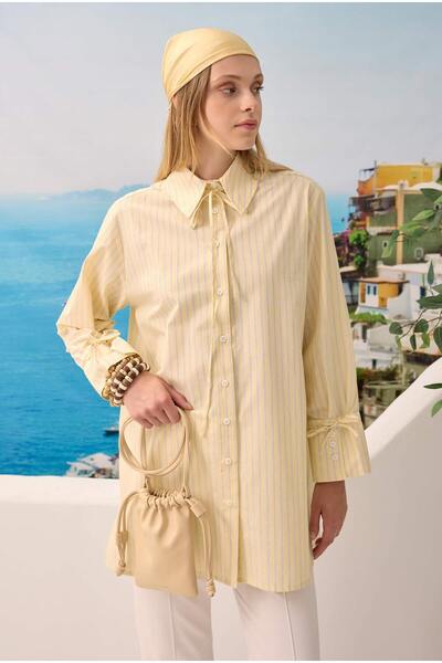HEQA Риза с връзки на райета в меко жълто