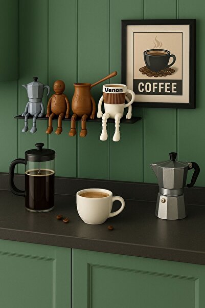 VENON Metal Raf Siyah 30 Cm Sevimli Kahve Köşesi Dizme Stand -Kahve Çekirdeği - Moka Pot - Kupa - Bardak