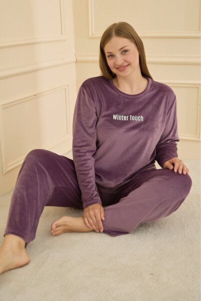 Elit Women's Velvet Amor Letter Printed Plus Size Pajamas Set