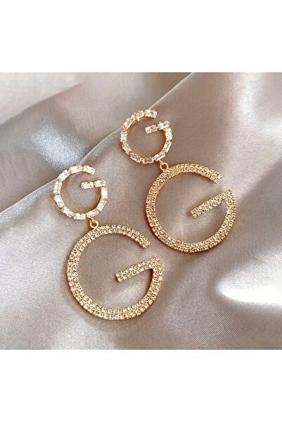 NESSORİA Vintage modern harf moda şeklinde taşlı modern zarif salantılı küpe