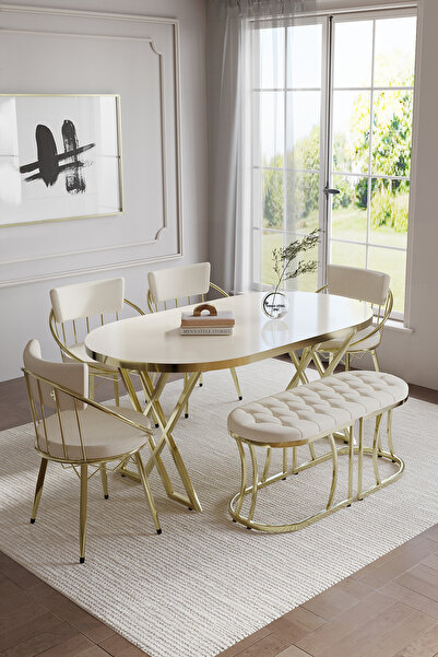 BY ORHAN GÜZEL Mutfak Masa Sandalye Takımı Selenit 80-140 Oval Gold 6 Kişilik Benchli Mutfak Masası Takımı