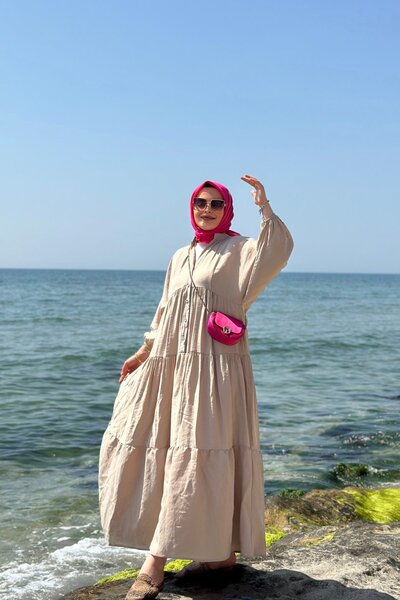 TUBA EXPORT Kadın Düğmeli ve kat Kat Etekli Vizon Büyük Beden Elbise | Rahat ve Şık Elbise Modelİ