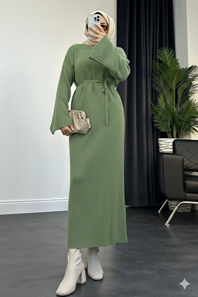 MY QILAM Triko Uzun Elbise Yarasa Kol Tesettür Elbise Su Yeşil Standart Beden...