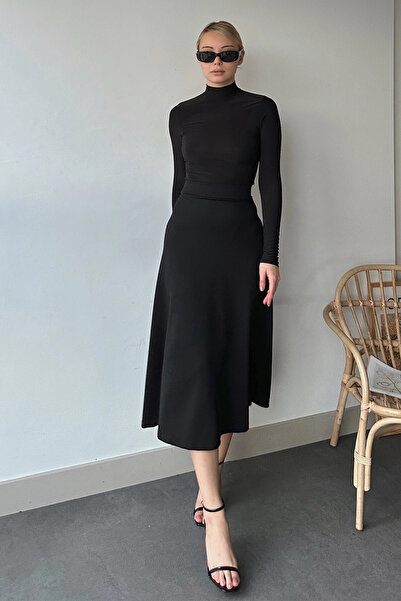 VAGGON Fusta neagră de damă cu talie înaltă, cu talie elastică, lungime midi, Prm0571