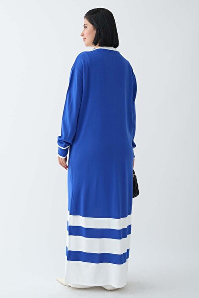 InStyle Смугаста деталізована довга кофта синього кольору з трикотажу