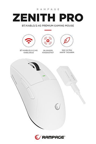 Rampage ZENITH PRO 4K 26000 DPİ Kablosuz Beyaz Gaming Mouse