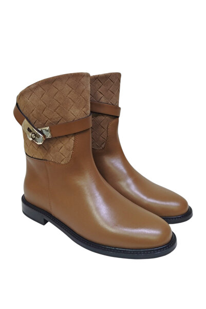 DRY SHOES Hakiki Deri Taba Napoli Kadın Bot Ayakkabı Yuvarlak Burun Düz Taban Tokalı Orta Boy DRY-2107