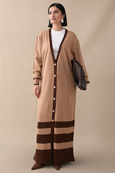 InStyle Дълга камилска трикотажна жилетка с детайли на райета