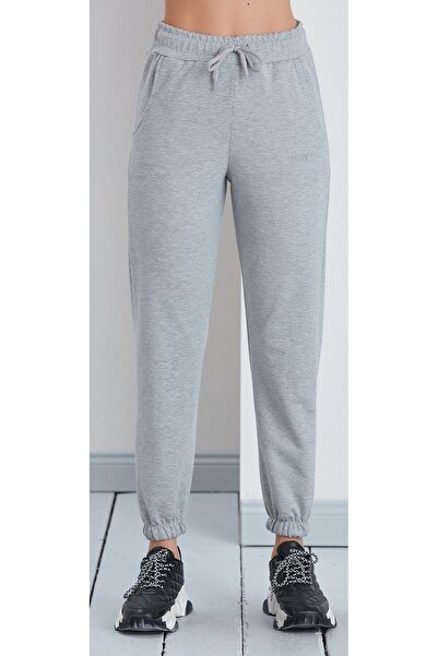 nurneva Γυναικείο μοντέλο βασικής φόρμας με ελαστικό κορδόνι στον αστράγαλο, γκρι χρώμα, χτενισμένο βαμβακερό παντελόνι