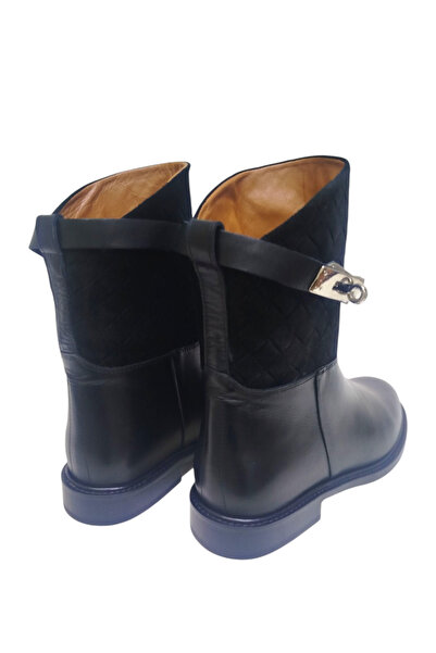 DRY SHOES Hakiki Deri Siyah Napoli Kadın Bot Ayakkabı Yuvarlak Burun Düz Taban Tokalı Orta Boy DRY-2107