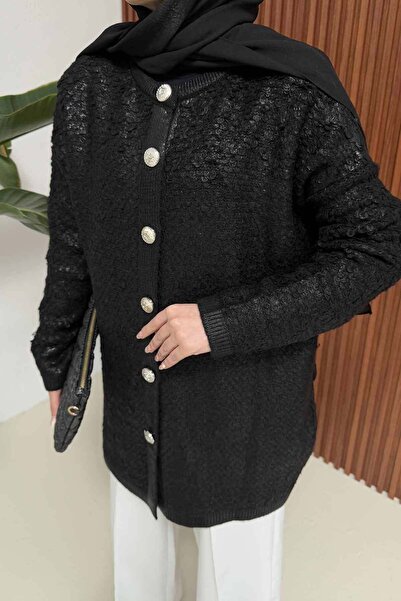 Melike Tatar Black Leaf Buttoned Cardigan 32-7043