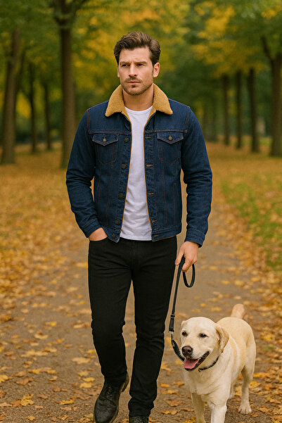 Pobudo Koyu Lacivert Renk Hardal Kürklü Kot Mont