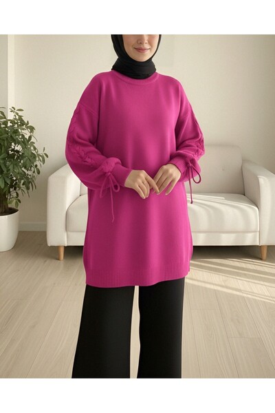 Modamorfo سترة تريكو بتفاصيل محبوكة وياقة دائرية - فوشيا