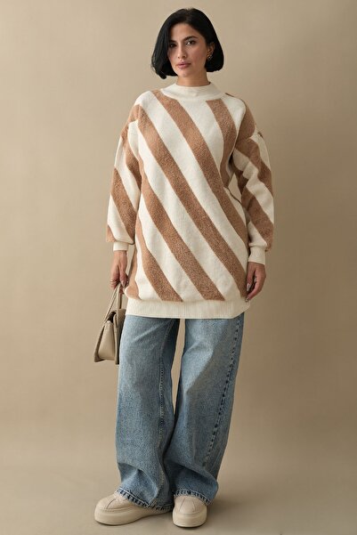 InStyle Pulover tricotat bej cu dungi duble Yumoş