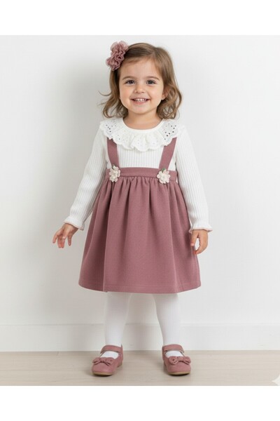 Ege Bebek Kız Bebek Vintage Bebe Yakalı, Fitilli Çiçek Aksesuarlı Elbise l l 6-9-12-18-24-36 Ay Elbise