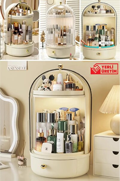 origa Glow Vitrin 360 Döner Standlı Çekmeceli Raflı Hazneli Makyaj Kozmetik O...