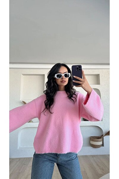 Piedra Pink Crew Neck Soft Bearded Yarn Wide Sleeve Knitwear Sweater