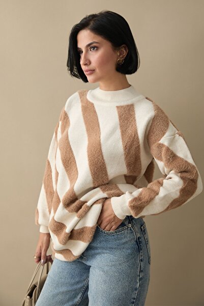 InStyle Pulover tricotat bej cu dungi duble Yumoş