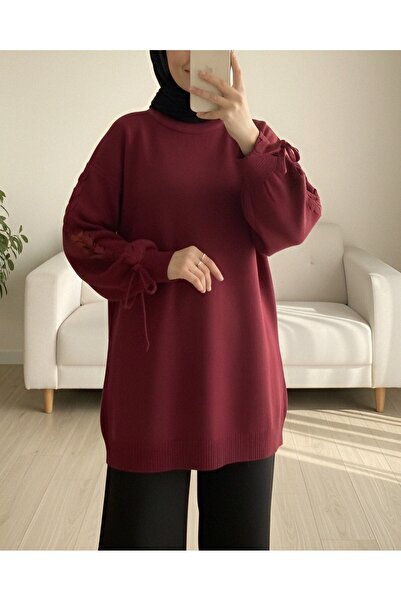 Modamorfo سترة تريكو بتفاصيل محبوكة وياقة دائرية - لون بورجوندي