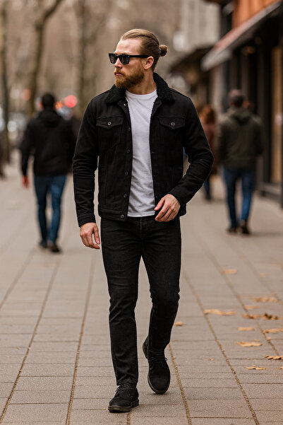 Pobudo Siyah Renk İçi Siyah Kürklü Erkek Kot Mont