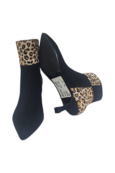 DRY SHOES Hakiki Deri Kahve Süet Leopar Kadın Bot Ayakkabı   Kısa Topuklu Fermuarl