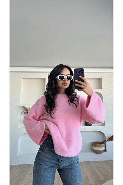Piedra Pink Crew Neck Soft Bearded Yarn Wide Sleeve Knitwear Sweater