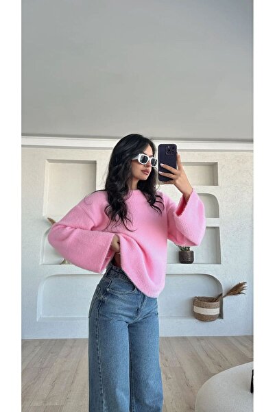 Piedra Pink Crew Neck Soft Bearded Yarn Wide Sleeve Knitwear Sweater